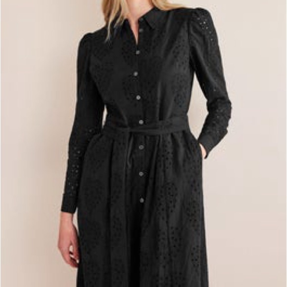 Boden Black Eyelet Button-Front Midi Dress